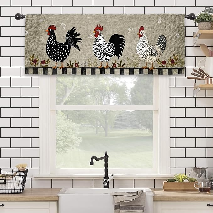 Rooster Chicken Kitchen Curtain Valance 54W x 18L Inch Farmhouse Rustic Country Rural Rod Pocket Short Cafe Small Window Treatment Drapes Decor