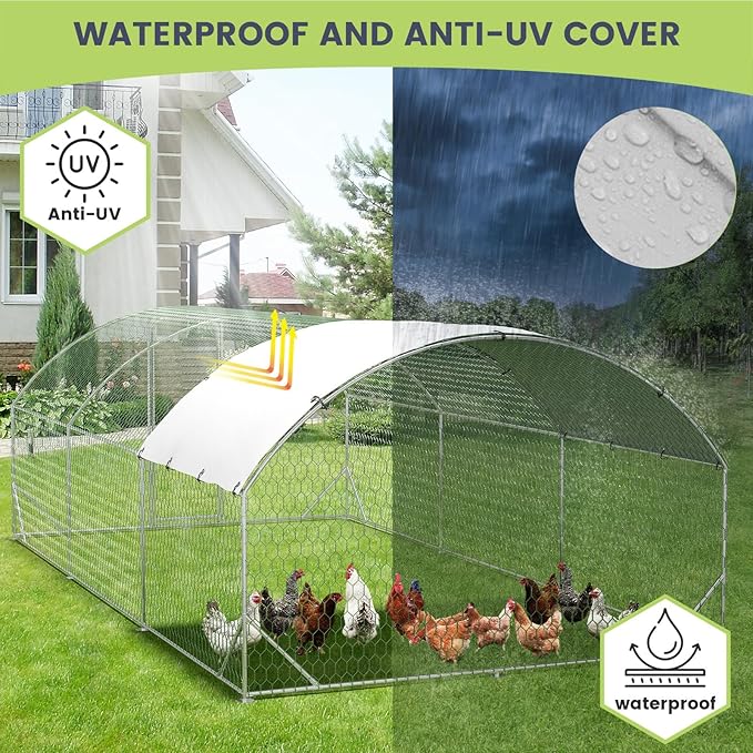 Large Metal Chicken Coop, Walk-in Poultry Cage, Large Chicken Run with Waterproof & Anti-UV Cover, Chicken Coop Run with Lockable Doors for Outdoor, 9.8 x 19.7 x 6.6FT
