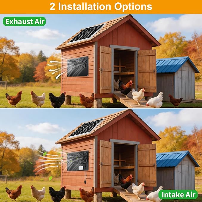 25W Metal Frame Solar Powered Fan with Battery, IP65 Waterproof Solar Exhaust/Intake Fan for Chicken Coop, Greenhouse, Dog House and Shed, Low Noise (16.4FT Cord)
