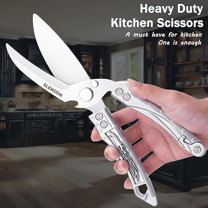 Kitchen Shears Heavy Duty Poultry Shears for Bone,Chicken,Turkey,Meat,Fish and Pizza Cutting Board Kitchen Scissors All Purpose for Food Ideal for Chef and Home Cooking,Dishwasher Safe Silver