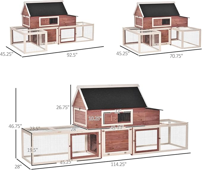 PawHut 114" Chicken Coop Wooden, Customizable Outdoor Chicken Cage Poultry Hen House with Nesting Box, Double Runs, Asphalt Roof, Ramp, for Garden Backyard