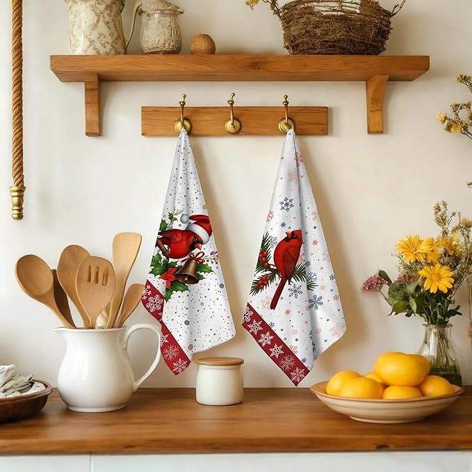 Christmas Kitchen Towels, Cardinal Winter Kitchen Decor Dish Towels Set Of 4, Cardinal Gifts for Women Friends Mom Wife, Absorbent Holiday Tea & Hand Towel Dish Cloths for Drying Baking Cooking