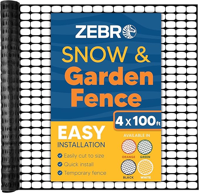 ZEBRO 4' x 100' Black Plastic Garden Fence Roll – Standard Duty Safety Netting for Snow, Poultry, Deer, Dogs – Reusable Outdoor Barrier for Yard, Landscaping, Animal Protection