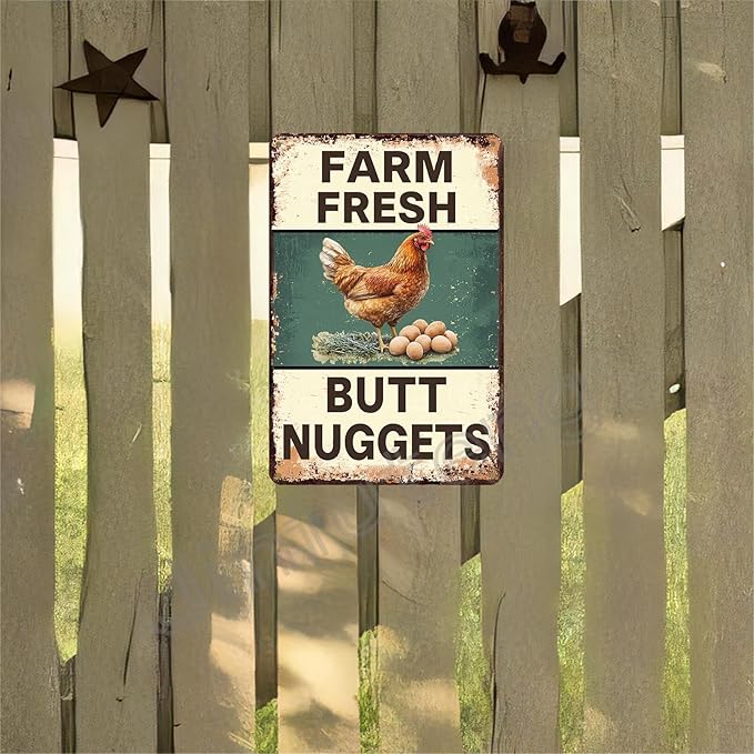 Funny Chicken Coop Sign Farm Fresh Butt Nuggets Tin Sign Vintage Metal Sign for Farm Yard Wall Decor Tin Sign 8x12 Inch
