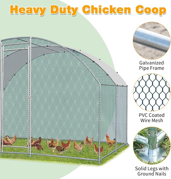 VINGLI Large Metal Chicken Coop, 9.8x9.8x6.5 ft Poultry Cage for Chicken Run, Walk-in Chicken Pen with Waterproof & Anti-UV Cover for Yard Outdoor (Silver-Dome Roof)