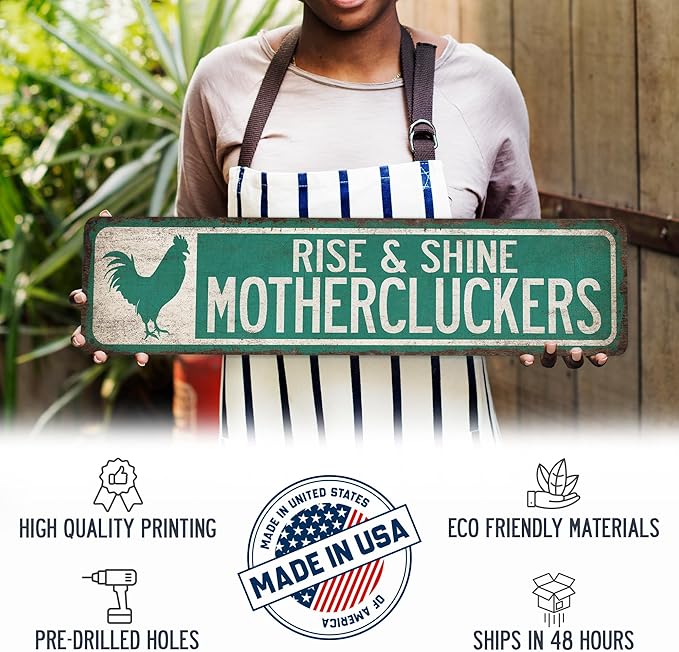 Rise & Shine Mothercluckers Chicken Coop Sign - Made In USA - Chicken Décor Rooster Farmhouse Décor Outdoor Signs For Ranch 104180017018