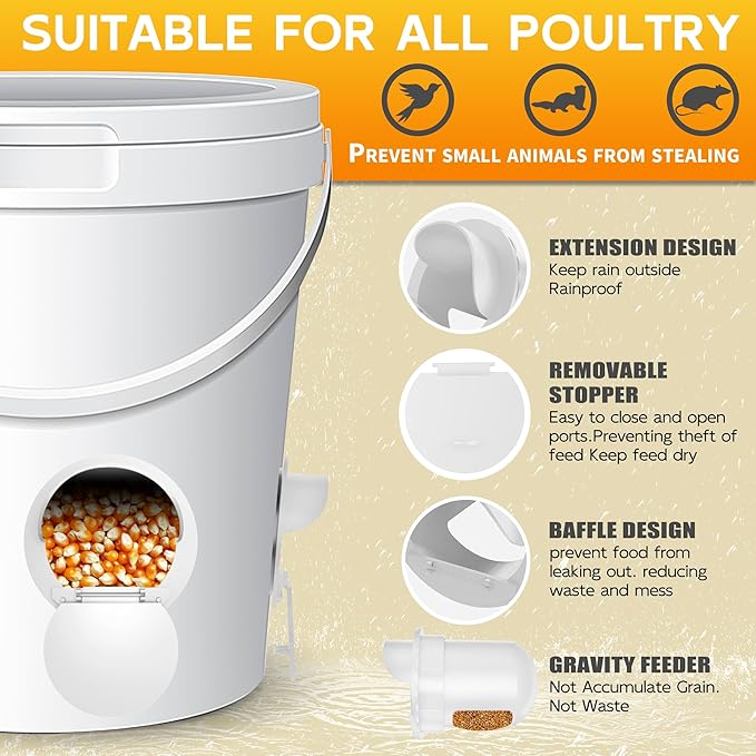 Chicken Feeder Port 8 Pack Poultry No Waste Port Kit with Stopper Lid, 1 Hole Saw, DIY Automatic Reusable Coop Feeders, Rain Proof Gravity Feeding Geese Duck Hens Rooster for Bucket Barrel Bin (White)