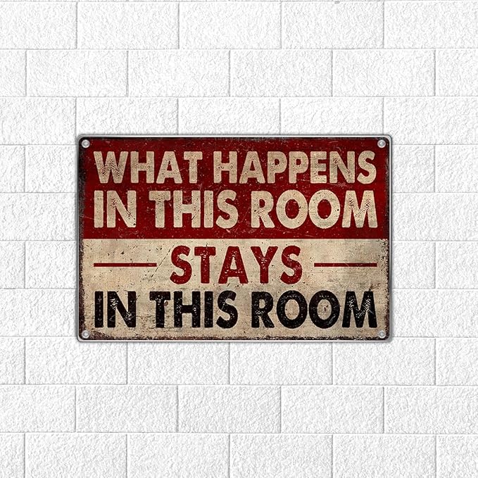 Funny Room Wall Decor Metal Sign What Happens In This Stays Vintage Style 12 x 8 Inch Bedroom Dorm Man Cave Door Decoration For Men And Women Aluminum Art Kitchen