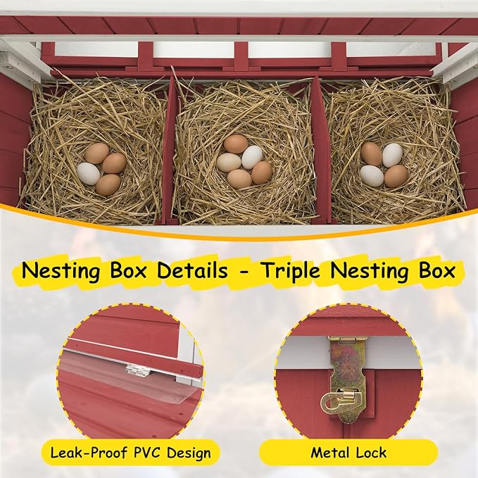 Large Outdoor Wooden Chicken Coop with Run for 2–4 Chickens, 2-Tier Elevated Hen House with Dual Nesting Boxes, Removable Slide-Out Tray, Reinforced Frame, Backyard Poultry Cage, Red