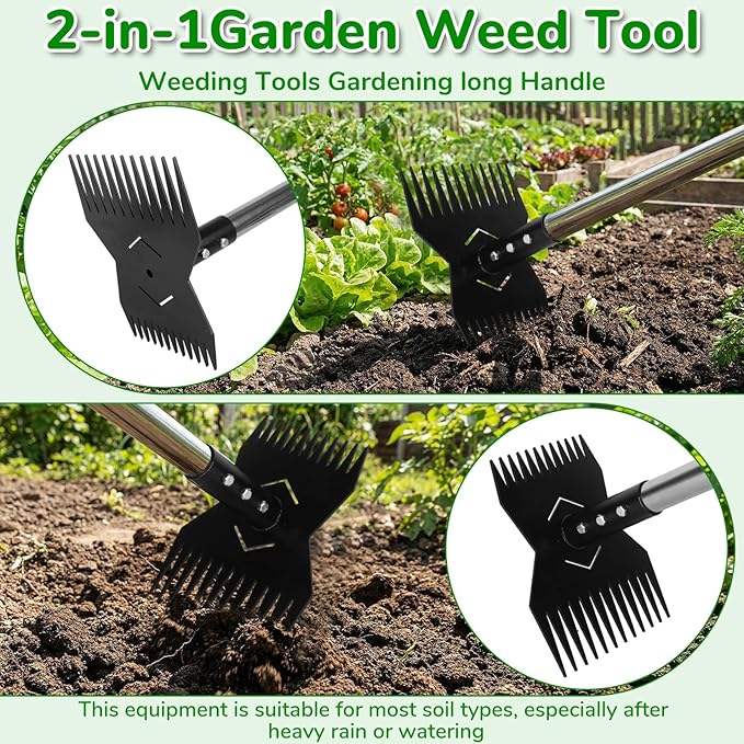 Garden Weed Tool,Portable Gardening Weeder Tool,63" Weeding Tools Gardening long Handle,24-Claw Steel Head Design - Easy weeding without bending or squatting down,Suitable for farm planting,gardening
