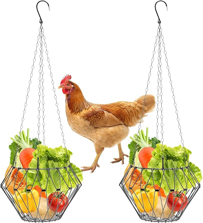Hanging Chicken Feeder, Foldable Chicken Vegetable Fruits Feeder, Poultry Feeding Holder Basket with Hanging Chain, Veggie Treat Ball for Chicken Coop Accessories (2 Pack)
