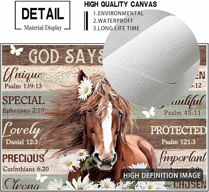 Motivational Horse Decor Wall Art For Girls Room Farmhouse Horse Daisy Wall Decor Western Bible Verse Animal Pictures Canvas Prints Painting Framed Modern Artwork For Bedroom Living Room 12"X16"