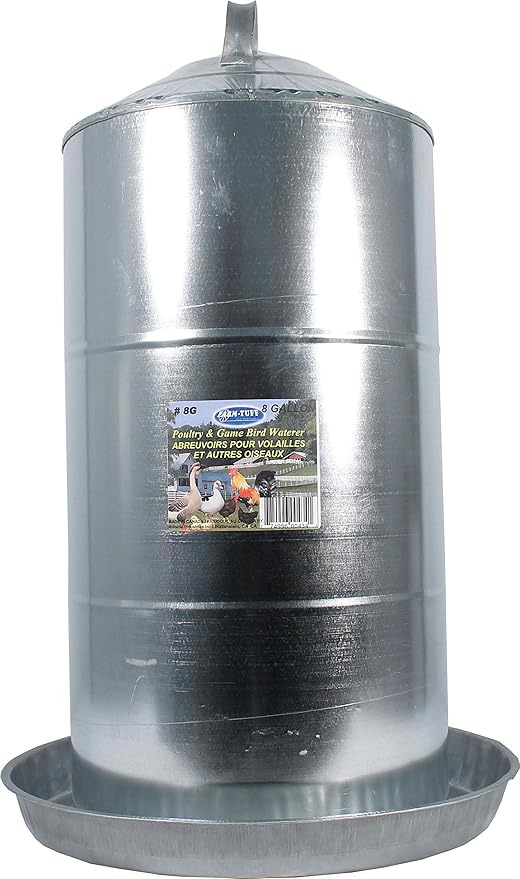 FARM-TUFF Galvanized Poultry Waterer, 8 Gallon Capacity - Double-Wall Poultry Fountain with Cone Top - Automatic Gravity-Fed Water Dispenser for Chickens, Ducks & Game Birds
