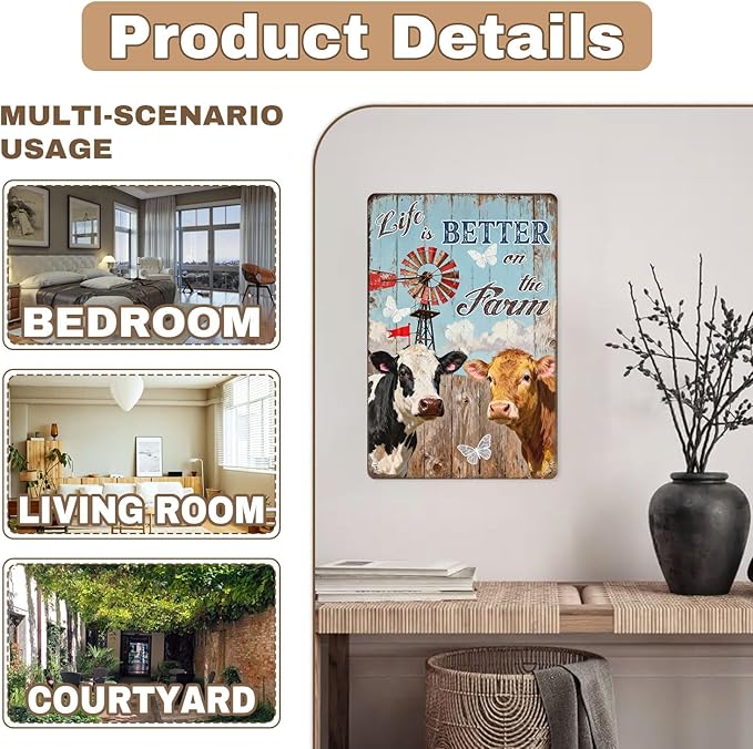Farmhouse Tin Sign Life Is Better On The Farm Rustic Metal Wall Art Decor For Home Kitchen Farm Barn Vintage Cow Sign 8x12 Inch
