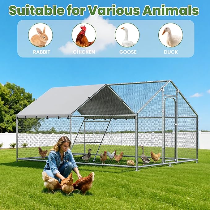 Large Metal Chicken Coop with Roosting Perch, Waterproof and UV-Resistant Cover, Outdoor Walk-in Cage Hen House for Yard Farm Rabbit Duck Chicken Run Spire Roof (10’ W x 13.2’ L x 6.4’ H)