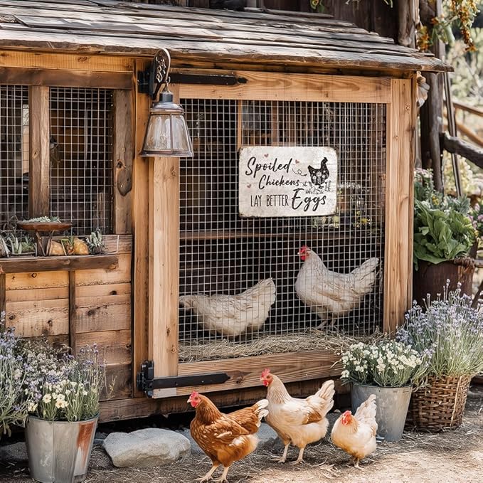 Heuhuww Chicken Coop Decor Sign-Spoiled Chickens Lay Better Eggs-Farmhouse Metal Signs for Chicken Coop Accessories Farm Fence12" x 8"(H13)