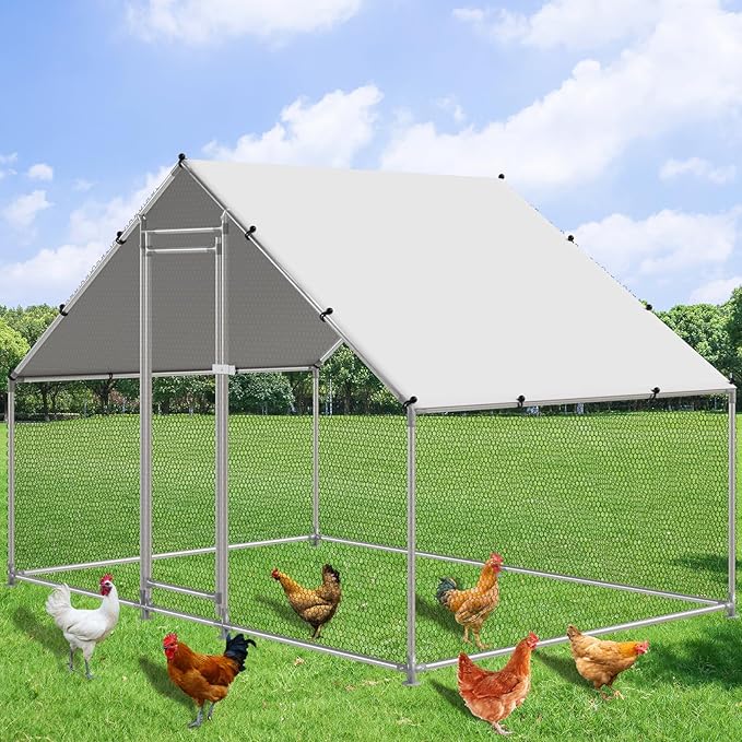 Large Metal Chicken Coop Walk-in Poultry Cage Hen Duck Run House with Waterproof & Anti-UV Cover Galvanized Rabbits Habitat Spire Shaped Cage for Outdoor Yard Farm Use