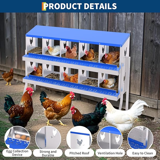 Chicken Nesting Box,10 Compartments Galvanized Steel Metal Chicken Laying Box with Roll Out Egg Collection,Wall Mount Chicken Nesting Boxes,Easy Egg Collection, Hen Roosting Boxes