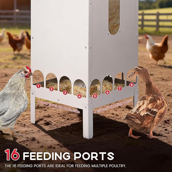 70-85lbs Automatic Chicken Feeder No Waste Gravity Poultry Feeder with 16 Ports and Visible Feed-Level, Chicken Food Dispenser for Duck, Goose, Turkey