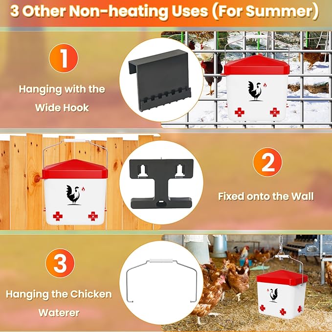 Heated Chicken Waterer for Winter, 1.9 Gallon Poultry Water Heater with 4 Horizontal Nipples, Thermostatically Controlled, 3 Adjustable Heights, Anti-Freezing Watering System for Coop