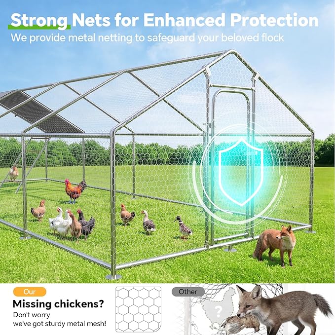 Large Metal Chicken Coop with Roosting Perch, Waterproof and UV Protection Cover, Chicken Run Outdoor Walk-in Cage Chicken Rabbit Duck Hen House for Yard Farm Use Spire Roof (10’ W x 26.2’ L x 6.4’ H)
