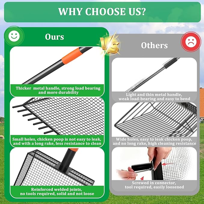 2-in-1 Chicken Poop Scooper & Rake, Heavy-Duty Chicken Coop Scoop with 33-61" Adjustable Handle and 14" Long Shovel Head, Metal Litter Scoop Sand Poop Shovel, Chicken Coop Cleaning Accessories