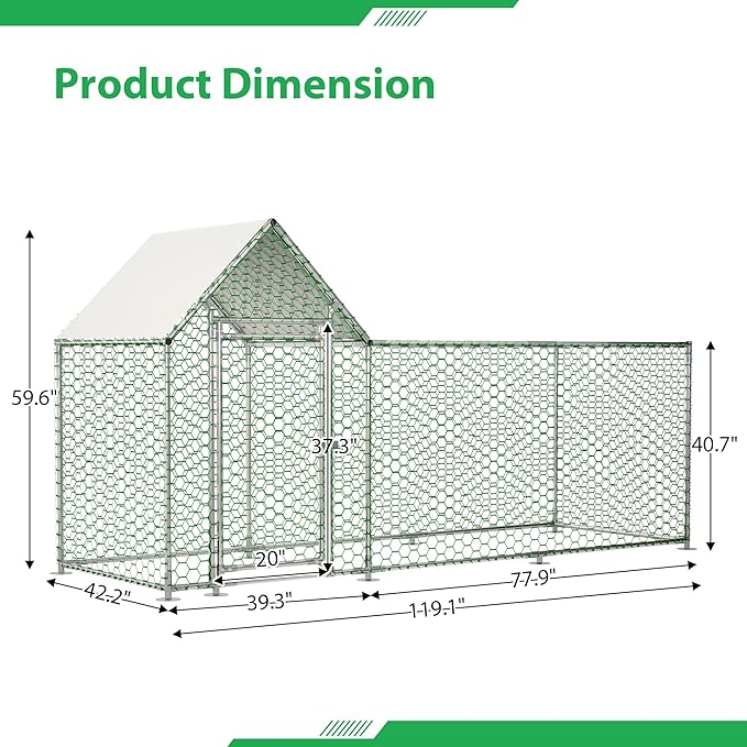 Metal Chicken Coop with Waterproof Cover, 10x3x5ft Chicken Run for Yard, Outdoor Backyard Farm Walk-in Hen House, Chickens Poultry Cage for Ducks, Rabbits and Small Pets