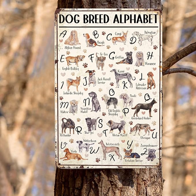 JOCASA Dog Breed Alphabet Vintage Metal Poster Sign Decor-Retro Aluminum Metal Tin Sign for Home Wall Decor, Garden, Bedroom, Signs Gift,12''x 8''