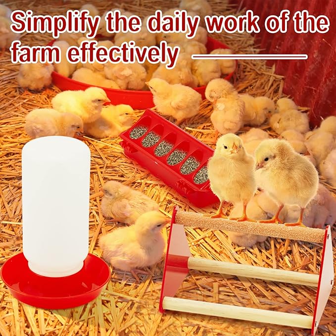 Patelai 4 Pcs Chick Feeder and Waterer Kit Feeding Supplies with Mini Perch Chicken Starter Kit for Coop and Brooder for Small Poultry Ducks Quail