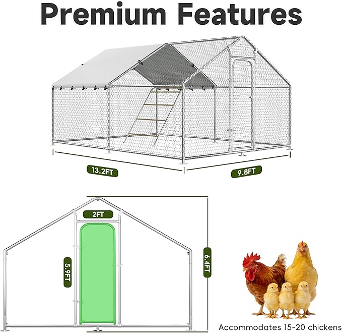 Large Metal Chicken Coop with Waterproof and UV-Resistant Cover,Chicken Run Outdoor Walk-in Cage Rabbit Duck Hen House for Yard Farm,Spire Roof (10' L x 13.2' W x 6.4' H)