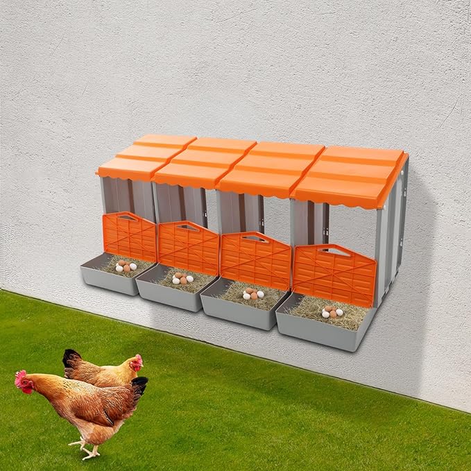 Chicken Nesting Box, 4 Compartments PP Nesting Box, Wall Mountable Nesting Boxes with Inclined Top, Drain Holes & Resting Platform for Chicken and Poultry to Collect Eggs