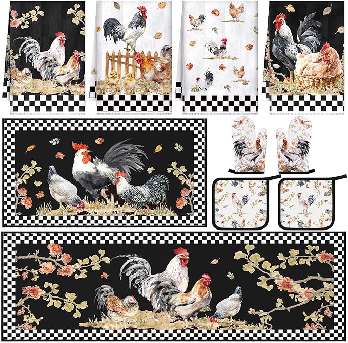 10 Pcs Rooster Kitchen Dish Towels Rugs Oven Mitts and Pot Holders Set Farmhouse Kitchen Decor Set for Women Mom Daughter Gift Cooking Baking Grilling (Vintage Black White)