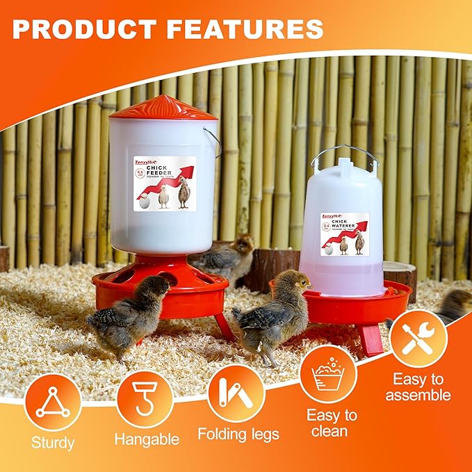 2-in-1 Chick Starter Set: 0.8 Gal Feeder & 0.4 Gal Waterer with Adjustable Legs for Baby Chicks, Includes Scoop, Hanging Hooks, Anti-Drown Design - BPA-Free Plastic (Red)