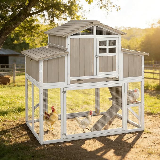 Large Wooden Chicken Coop for 2-6 Chickens, Outdoor Chicken House with 4 Nest Boxes, Hen House Poultry House Pet Hutch Chicken Cage with Waterproof Asphalt Roof, Ramp, Roosting Bars