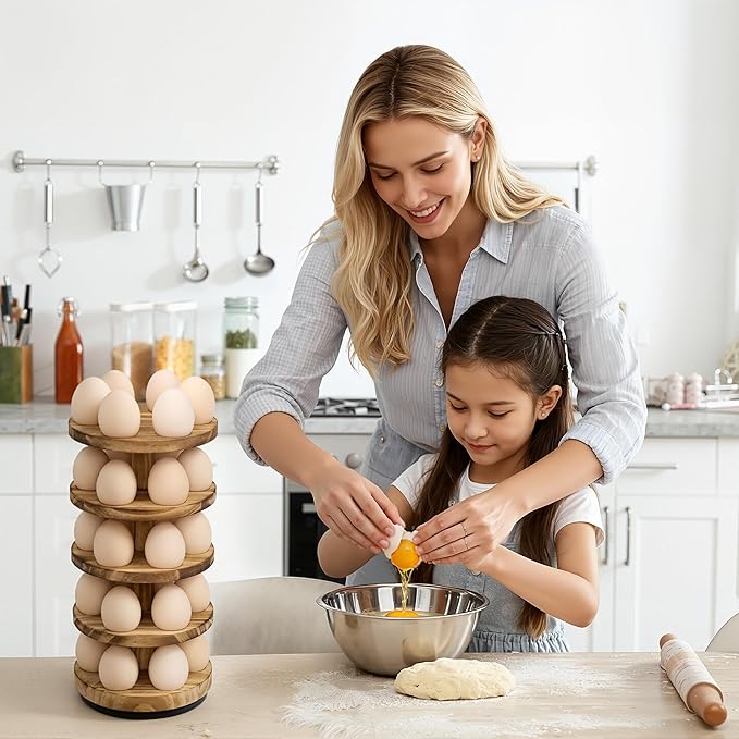 Wooden Fresh Egg Holder Countertop, 5 Layer Rotating Countertop Egg Holder for Fresh Eggs, Stackable with 30 Eggs for Countertop Kitchen, Pine