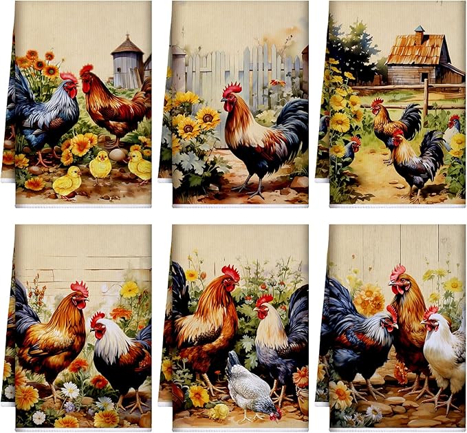 Bencailor 6 Pcs Farmhouse Kitchen Towels Chicken Rooster Kitchen Decor Farm Animal Hand Towels for Cooking Baking Housewarming Gift,15.75 x 23.62 inch(Fresh Color,Daisy Rooster)