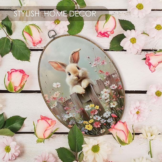 Fewgb Rustic Bunny Floral Oval Wall Art Decor Framed for Rabbit Lovers Gifts, Easter Bunny Canvas Wall Art Prints Picture, Farmhouse Cottagecore Hanging Room Decor Artwork for Nursery Gallery 9x12