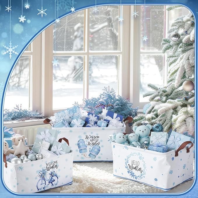 CHENGU 6 Pack Winter Storage Basket Collapsible Snowflakes Basket for Gifts Gnomes Holiday Decor Large Snowman Bin Foldable Blue Hello Winter Box with Handle for Bedroom Office Home
