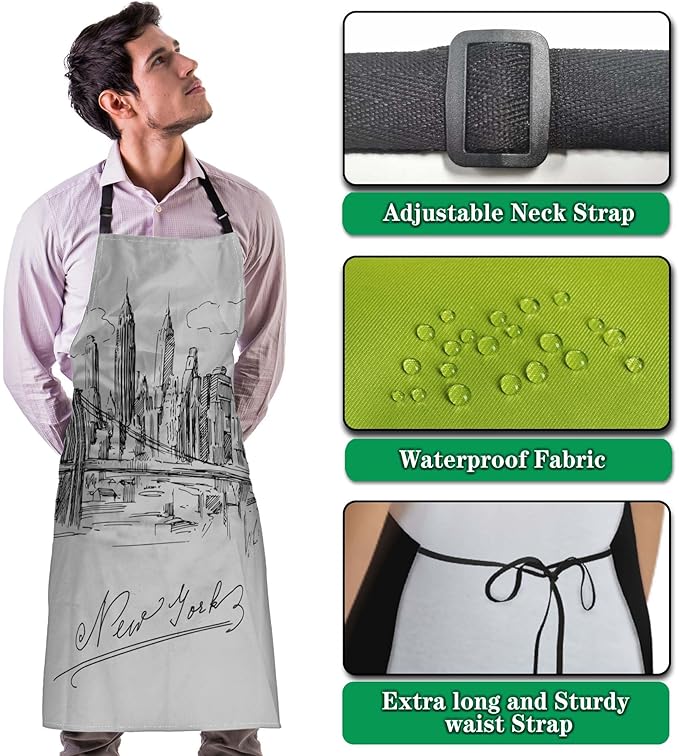 Kitchen Apron for Men New York City Skyline Baking Aprons for Women for Cooking Restaurant BBQ Painting Crafting Gardening 27” (W) x 31” (H), Waterproof Aprons