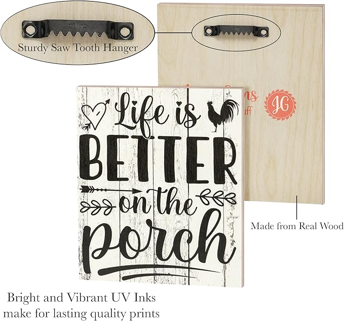 JennyGems Life is Better on the Porch Wooden Sign, Farm Life Decor and Wall Hanging, Whitewash Color, Made in USA