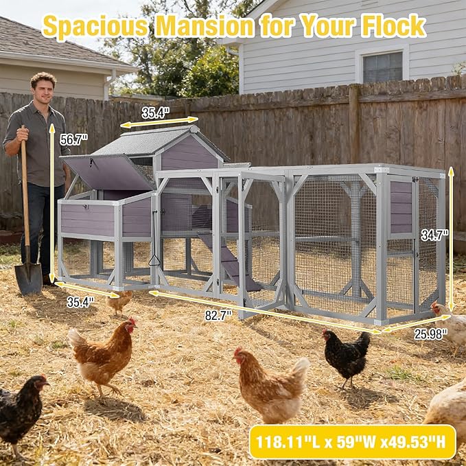Extra Large Wooden Chicken Coop with Run, 6 Nesting Boxes & 6 Perches – Spacious Housing for 8-10 Chickens (118.11" L x 53.5" W x 49.53" H)