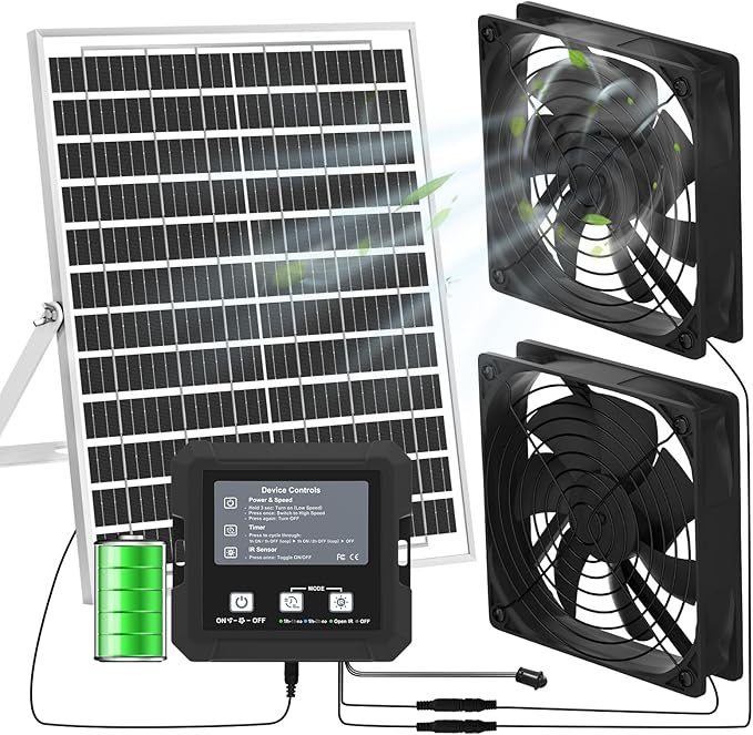 Pet Deluxe 25W Solar Fan for Chicken Coop with Battery, Solar Exhaust Fan for Shed & Greenhouse, 3 Modes Controller (Continuous/Timer/Motion Sensor), for Intake or Exhaust Vent Cooling (Black/White)