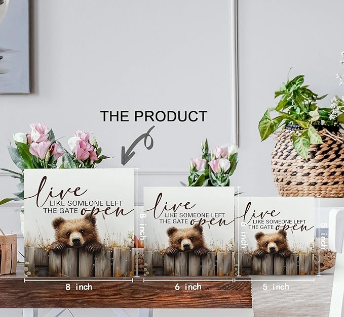 Rustic Bear Sign - Live Like Someone Left The Gate Open Wooden Box Signs, Bear Decorations For Home, Farmhouse Wood Decoration Home Decor For Desk Table Shelf 8x8 Inch Decorative Signs & Plaques