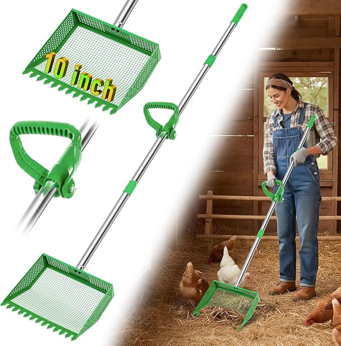 TOOGE Upgraded Chicken Poop Scooper: 10" Metal Pooper Scooper & Rake 4-Section 62" Long Handle Chicken Coop Scoop Scoopers Accessories Large Sand Sifting Litter Shovel for Goats/Yard/Farm/Beach Green