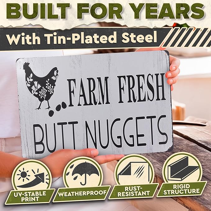 Metal Funny Chicken Coop Signs for Outside 8x12" – Rustic Tin Farm House Kitchen Decorations - Farmhouse Wall Art and Vintage Chicken Decor for Kitchen, Garden, Porch, Barn, Backyard, or Country Home