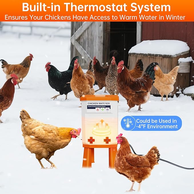 Heated Chicken Waterer, Thermostatically Controlled Poultry Water Heater for Winter, 4 Horizontal Nipples and 8 Support Legs, Anti-Freezing Watering System for Coop Accessories (Orange, 3.2Gallon)