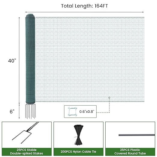 Non Electric Fence Netting, 40in x 164ft Nylon Portable Movable Livestock Nets Mesh for Chickens, Goats, Sheep, Dog, All-Purpose Fencing for Backyard Homesteader Farm Ranche