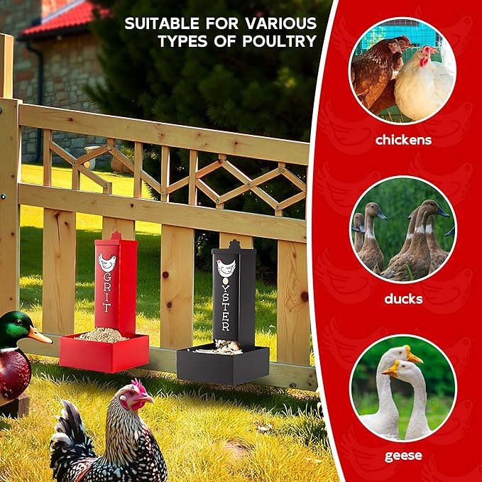 Metal Chicken Grit Feeder and Oyster Shell Feeder Combo, Hanging Gravity Poultry Feeders with Drain Holes, 4.5lb Capacity, Coop Accessories Supplies for Chickens, Ducks, Geese