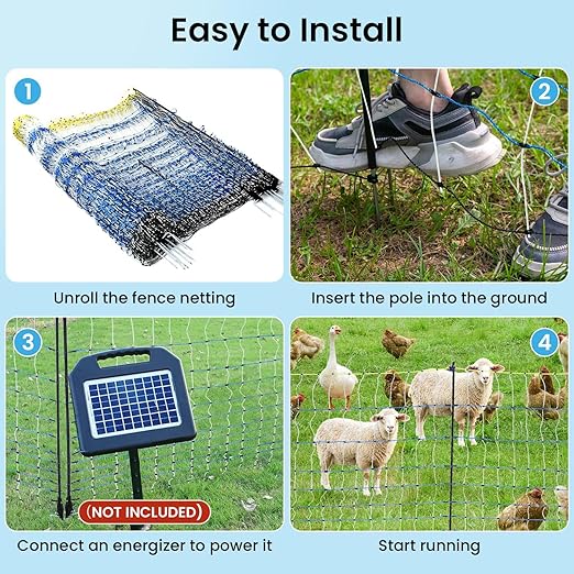 Electric Poultry Netting, 42" H x 164'L Electric Anti-Predator Poultry Fence, PE Net Fencing Kit with 14 Posts Double Spiked, Movable Livestock Nets for Chickens, Ducks, Geese, Sheep and Other Poultry