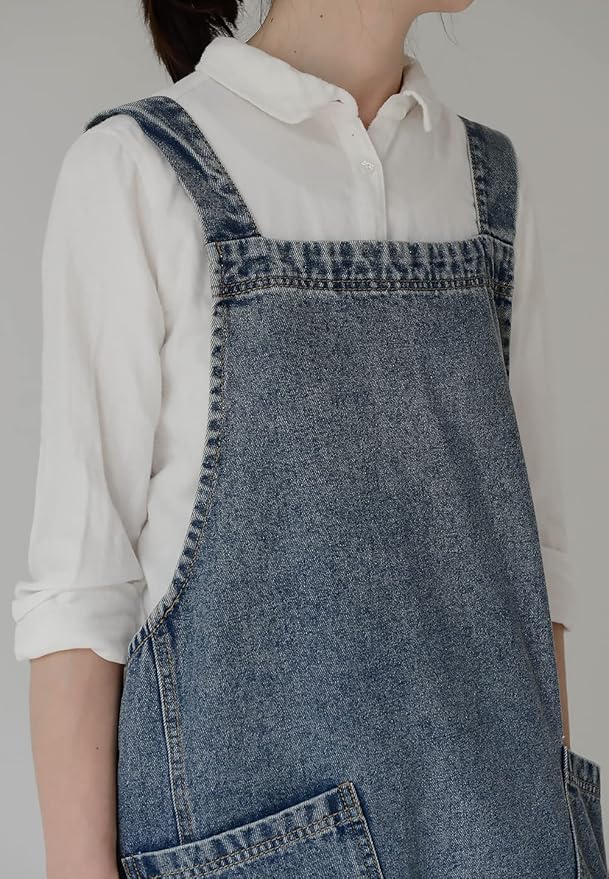 Cotton Denim Apron Soft - Unisex Adjustable Bib Apron with 5-Pockets Perfect for Kitchens